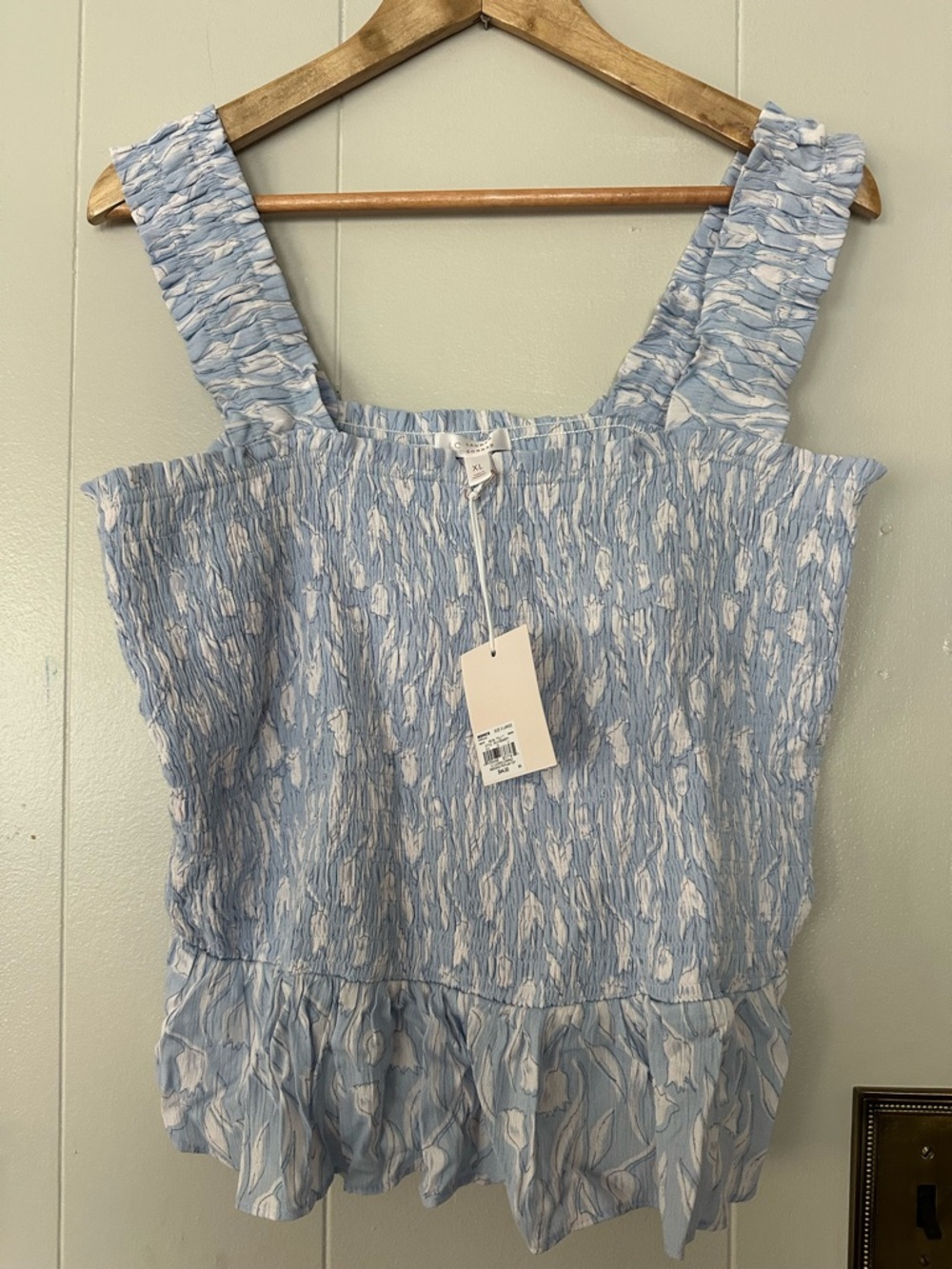 LC Lauren Conrad Blue and White Smocked Ruffle Tank Top